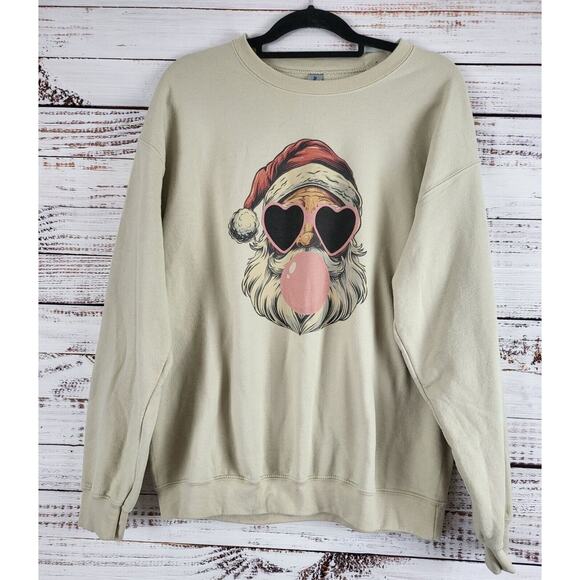 Gildan Heavy Blend Bubble Gum Santa Sweatshirt L Womens Tan Pullover Crew Neck - Picture 1 of 6
